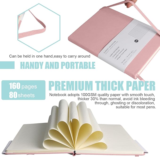 EMOMAS Lined Journal Notebook – Hardcover Notebook for Men & Women – Journals for Writing, Work, School, Home & Daily Notes, 160 Pages – Medium A5, 5.7"x8", 100 gsm Thick Paper (Pink)