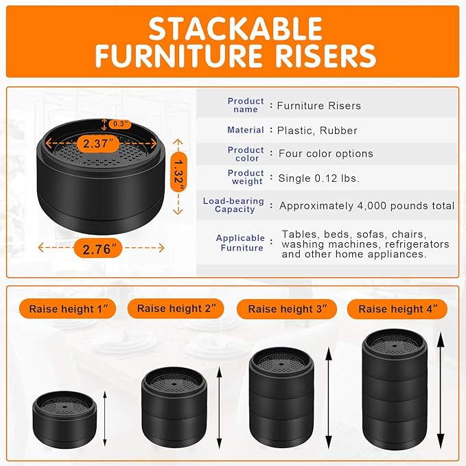 Furniture Risers Bed Risers Heavy Duty 1 inch, 2 inch, 3 inch, 4 inch Round Adjustable Bed Lifts Riser for Desk Legs Table Couch Sofa Chair Refrigerator Washing Machine (1 Inch, Black, 8 Pack )