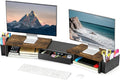 Spacrea Metal Desk Organizers and Accessories, Dual Monitor Stand Riser with Drawer and 2 Pen Holders, Desk Accessories & Workspace Desktop Organizers for Office Supplies (Wood)