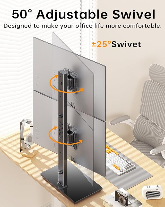 Dual Monitor Stand, FreeStanding Desk Stand for Two 13-32 inch Screens, Vertical Monitor Riser with Swivel, Tilt, Rotation, 4 Height Options, Holds One (1) Screen Up to 77Lbs, VESA 75x75mm/100x100mm