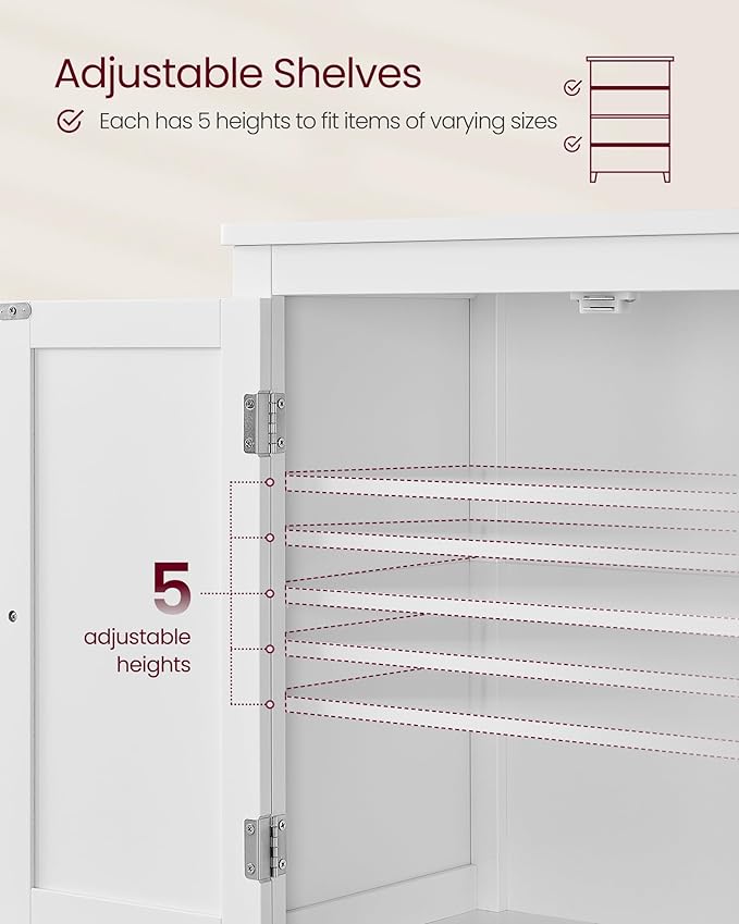 VASAGLE Floor Storage Cabinet, Freestanding Storage Unit with 4 Doors, Adjustable Shelves, 11.8 x 23.6 x 43.3 Inches, for Entryway, Bathroom, White UBBC552P31
