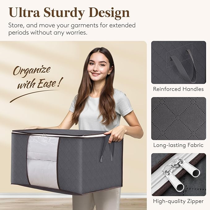 Lifewit Large Capacity Clothes Storage Bag Organizer with Reinforced Handle Thick Fabric for Comforters, Blankets, Bedding, Foldable with Sturdy Zipper, Clear Window, 24 Pack, 90L, Grey