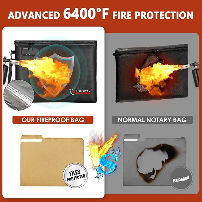 ROLOWAY Fireproof Document Bag (14.5 x 11.5 inch), 6400℉ Fireproof Money Bag with Zipper for Cash, Fire Safe Money Pouch with Lock (Black)
