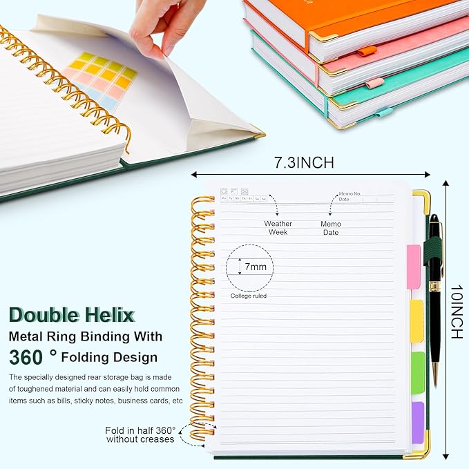 Hardcover Spiral Notebook 8"x10" Journal Notebook with Tabs and Removable Dividers 300 Pages 5 Subject Notebook College Ruled, Faux Leather Spiral Bound Notebook for Women School Work (Green)