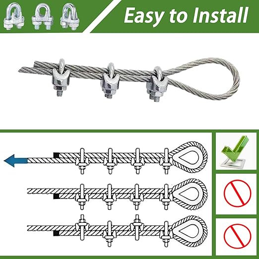 120PCS M6 Galvanized Zinc-Plated Wire Rope Cable Clamp Clips, 1/4" Wire Cable Clamps with U-Bolt Saddle Fasteners for Secure Rigging & Marine Use