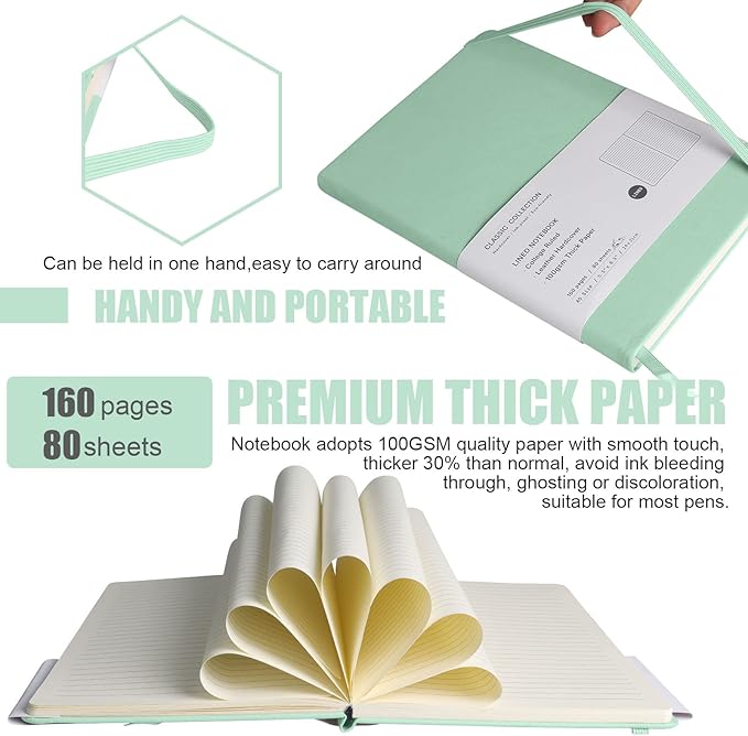 EMOMAS Lined Journal Notebook, 6Pack Hardcover Notebook for Men & Women – Journals for Writing, Work, School, Home & Daily Notes, 160 Pages – Medium A5, 5.7"x8", 100 gsm Thick Paper (Eggshell Green)