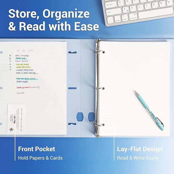 MUKAWA 1 Inch 3 Ring Binder, D-Ring Binder Holds 250 Sheets, PP Cover with Writable Spine Label, Lay-Flat Design, Letter Size 8.5x11, Lightweight for School, Office & Home Organization, 1 Pack, Blue