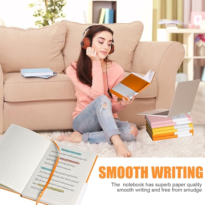 EMOMAS Lined Journal Notebook, 6Pack Hardcover Notebook for Men & Women – Journals for Writing, Work, School, Home & Daily Notes, 160 Pages – Medium A5, 5.7"x8", 100 gsm Thick Paper (Orange)