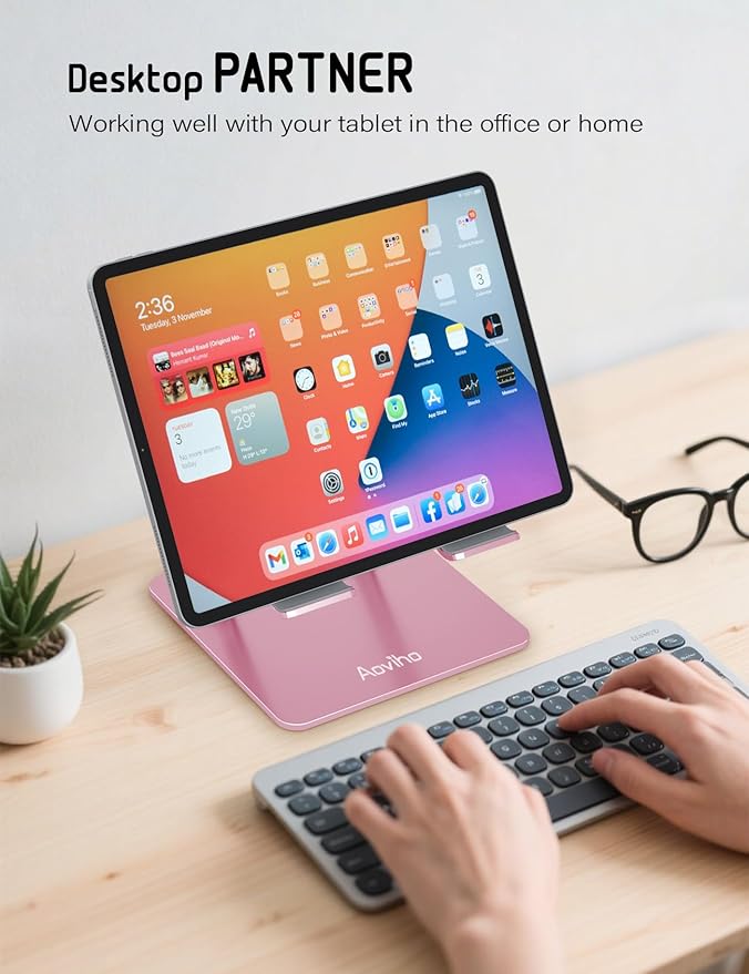 Aoviho Tablet Stand Holder for Desk, Adjustable Desktop Tablet Holder, Foldable Aluminum Tablet Mount for iPad pro 12.9, iPad Air Mini, Samsung Galaxy Tabs Z Fold Kindle Fire,4-12 inch, Rose Gold