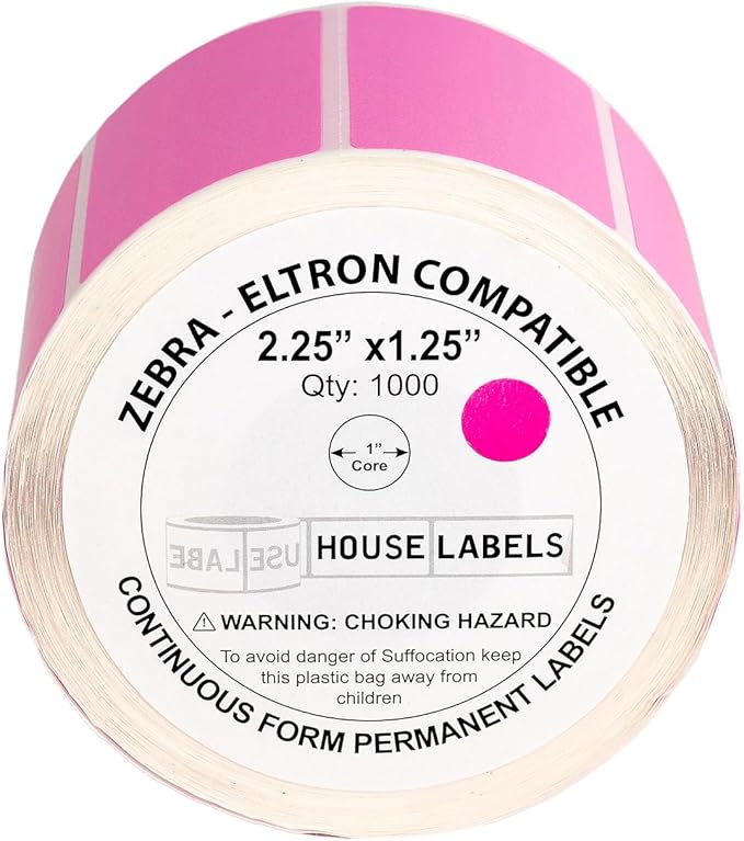 HOUSELABELS 2.25" x 1.25" Pink Address Labels on 1" Core Compatible with Zebra and Rollo Printers, 4 Rolls / 1,000 Labels per Roll