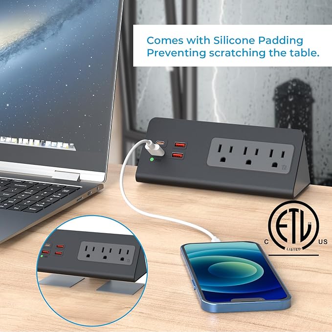 Nightstand Charging Station with PD 20W USB C, Nightstand Edge Power Strip with 3 AC Outlets, 4 Fast Charging USB Ports, Connect 6.56FT Flat Plug, Desk Surge Protector for Office Home Hotel, Black