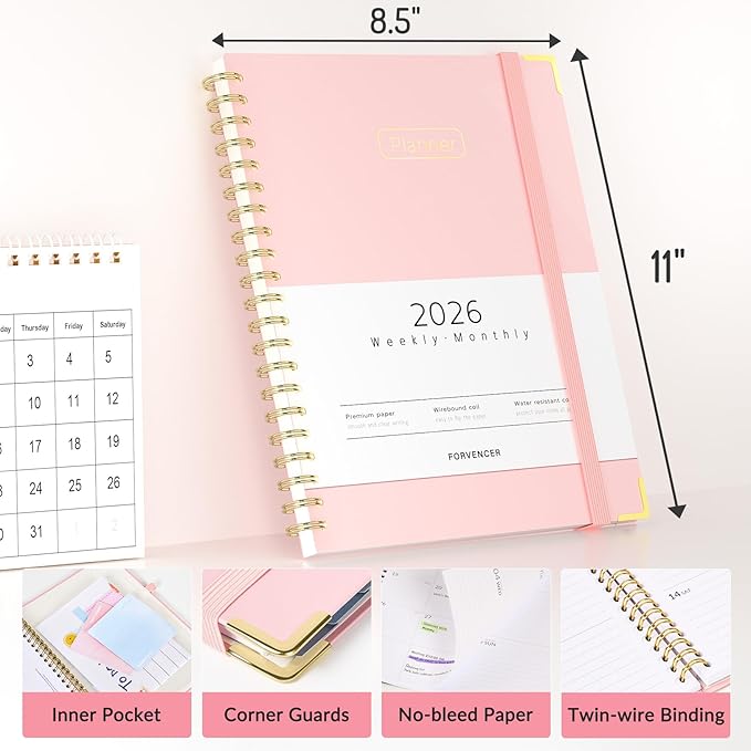 Forvencer 2026 Planner, Hardcover Calendar Planner Weekly and Monthly, Jan 2026 - Dec 2026, 8.5" x 11", Spiral Agenda Book with Tabs, Exquisite Daily Journal Organizer for Home School, Floral