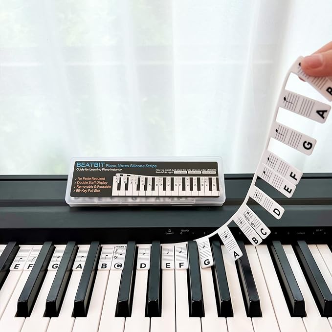 BEATBIT Piano Notes Guide for Beginner, Removable Piano Keyboard Note Labels for Learning, 88-Key Full Size, Made of Silicone, No Need Stickers, Reusable and Comes with Box (Classic Black）
