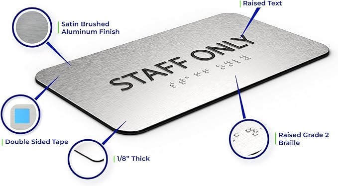 ADASigns Staff Only Sign 7" W x 4" H - Durable Brushed Aluminum with Grade 2 Braille - Easy Installation with Strong Double Sided Tape - ADA Compliant Office Door Signs for Businesses & Offices