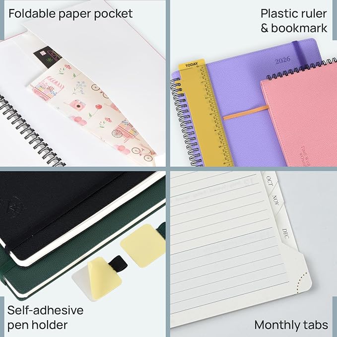 POPRUN 2026 Weekly and Monthly Planner Calendar, January 2026 - December 2026,Medium-6.75" x 8.75" Spiral Bound Appointment Book, Includes Monthly Tabs, Inner Pocket,Soft Cover - Soft Pink
