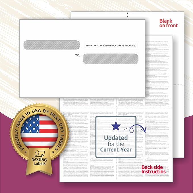NextDayLabels - W-2 4-Up Employee Tax Forms, Instructions on Back" for 2025, for Laser/Inkjet Printer. Compatible with QuickBooks and Accounting Software ETC. (Pack of 50 Sheets & Self Seal Envelopes)
