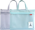 Pendancy Mesh Zipper Pouch 11x13.7 in, 2 pcs Large Double Pocket Waterproof File Bag with Handle, A4 Size Foldable Document Storage for Puzzle Project/Cross Stitch/Travel/Office（Gray Green）