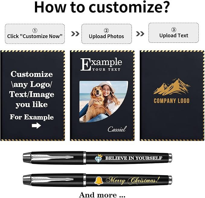 Vebermo Personalized Journal Notebook Set with Pen & Gift Box, Custom Name/Logo Notebook Black A5 College Ruled Lined 8.26''x5.9'' Personalized notebook Gifts for Men and Women,200 Pages,Black