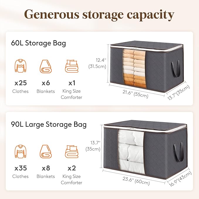 Lifewit Large Capacity Clothes Storage Bag Organizer with Reinforced Handle Thick Fabric for Comforters, Blankets, Bedding, Foldable with Sturdy Zipper, Clear Window, 30 Pack, 90L, Grey
