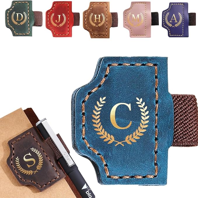 Personalized Mark Bookmark with Pen Holder, Leather Magnetic Book Marker 26 Letters,Custom Initials Page Marks, Gifts for Book Lovers Readers Men Women (Blue, C)