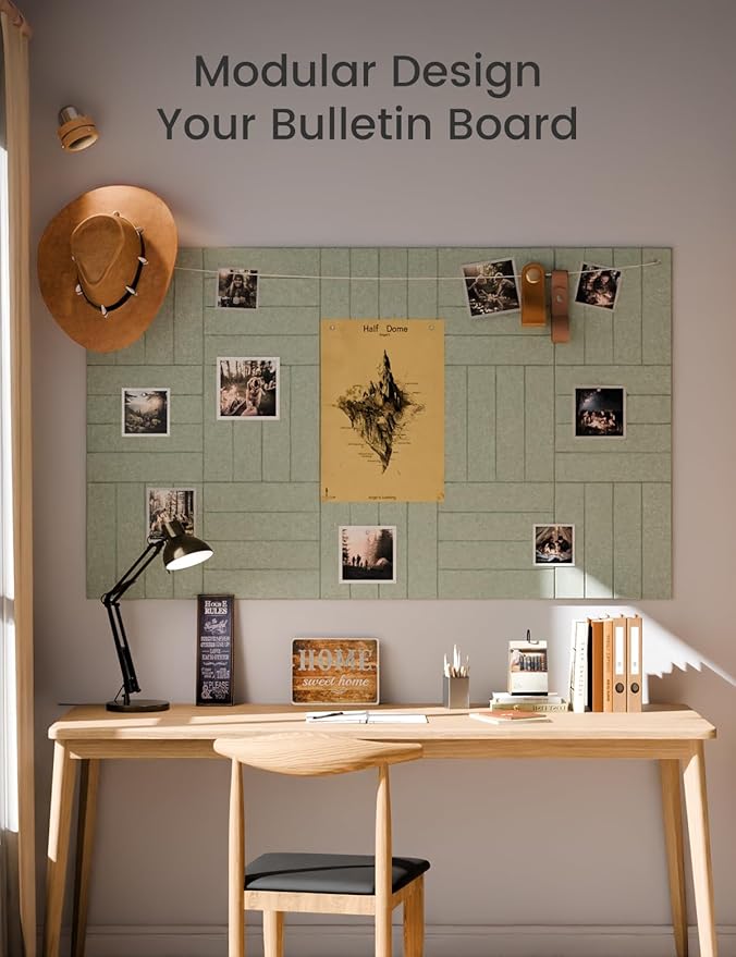 Fluxynara Felt Bulletin Board Tiles Large 48" x 36" Cork Board Alternative-12 Pack with 70 Adhesive Tabs, Thick Slat Wall Panels for Office Decor, Push Pin Board Wall Organizer Alternative -Sage