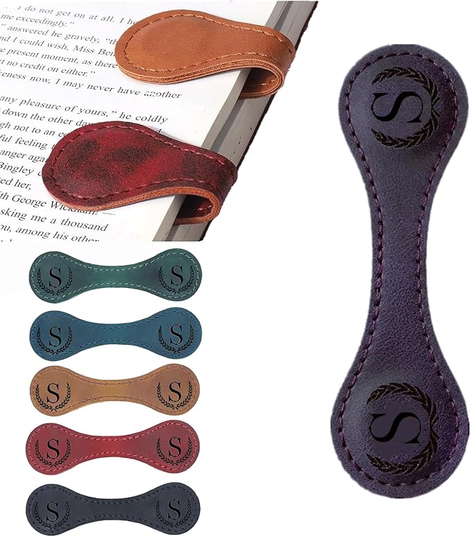 Personalized Magnetic Leather Bookmark, 26 Letters Custom Leather Bookmarks, Handmade, Leather Magnetic Bookmark for Book Lovers Readers Women Kid(Purple，S）