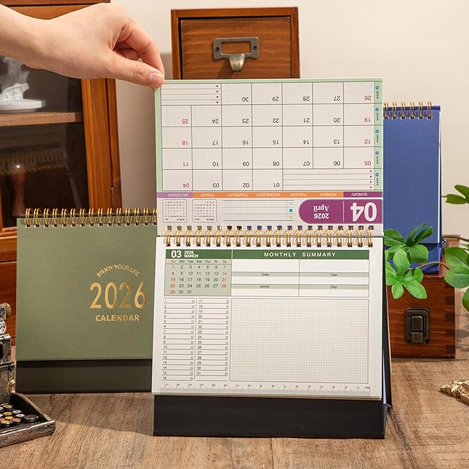 Large Desk Calendar 2026, 9.9" × 8.7" Standing Flip Desktop Calendar from Now to December 2026 - Metal Ring Twin-Wire Binding Monthly Desk Calendar for Home Office School (L-Green)