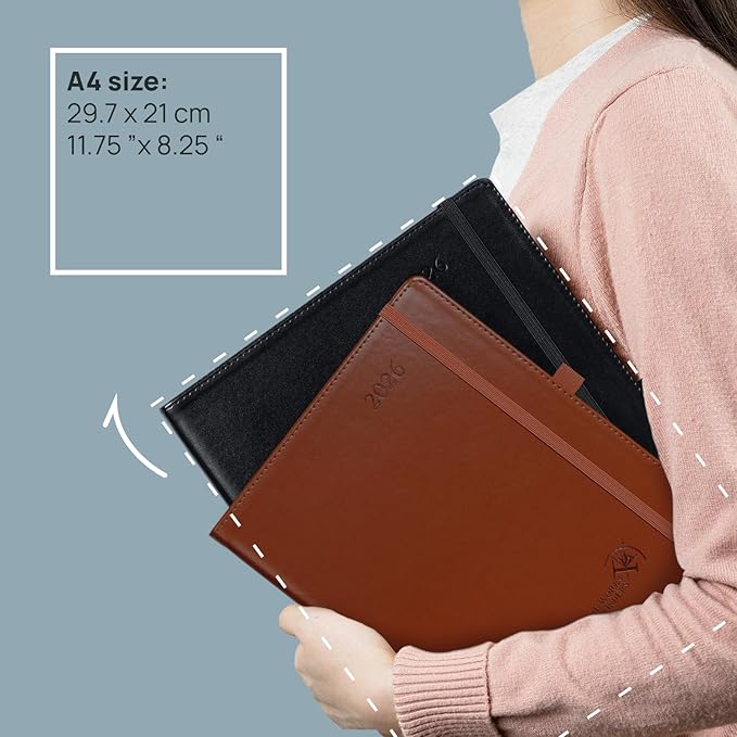 POPRUN 2026 Weekly Planner (A4 Size-8.25'' x 11.75''), 15-Minute Appointment Book (Jan 2026-Dec 2026) with Monthly Tabs, Inner Pockets, Pen Holder, PU Leather Softcover, 100GSM - Black