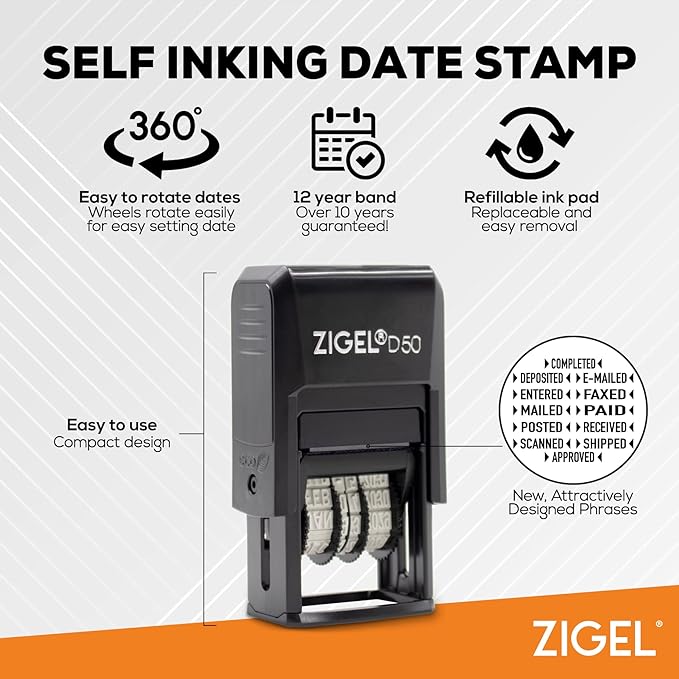 ZIGEL D50 Date Stamp with DEPOSITED - Self Inking Date Stamp - Blue