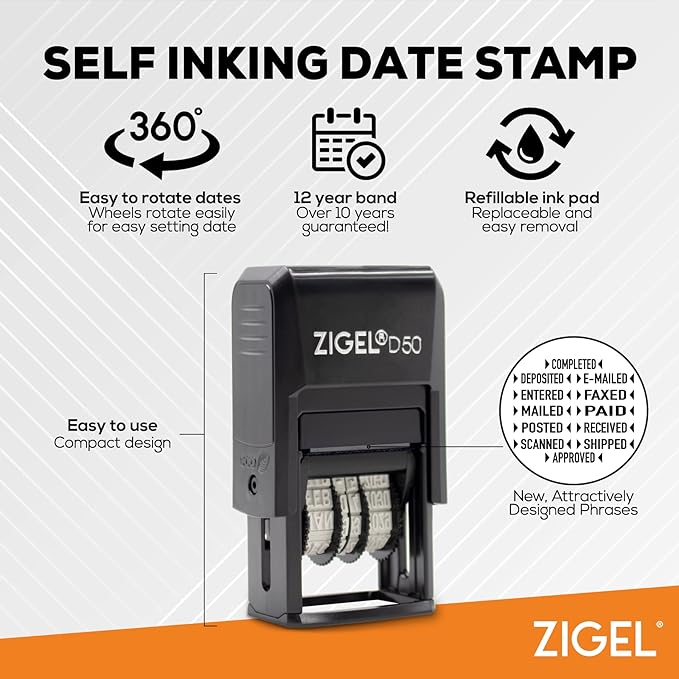 ZIGEL D50 Date Stamp with Entered - Self Inking Date Stamp - Black