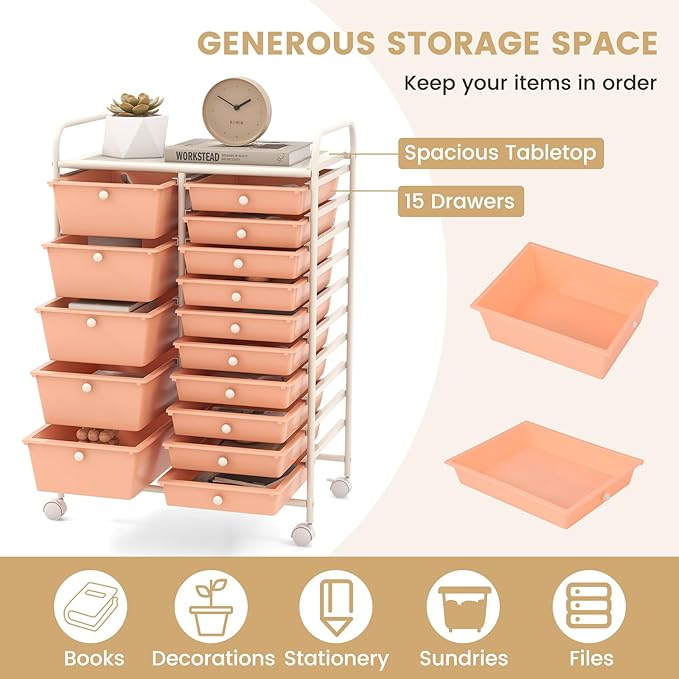 GOFLAME 15-Drawer Rolling Storage Cart, Craft Storage Cart with Removable Drawers & Lockable Wheels, Art Cart Supply Storage Organizer for Home Office Classroom, Peach Fuzz