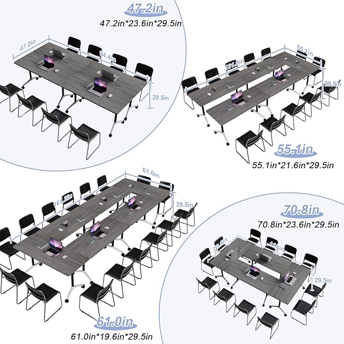 Conference Table Flip Top Mobile Conference Room Tables,Folding Conference Table with Wheels,Large Meeting Training Seminar Table Saving Space for Office Classroom(12C,61'')