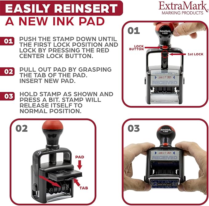 Heavy Duty Style Office Date Stamp with Due by: - Self Inking Dater - Style C - Red Ink Color