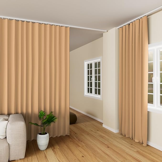 Hoeflife Room Divider Curtains Blackout Floor to Ceiling Curtain with Hook Wall Mount Sliding Door Curtains Ceiling Mount Extra Wide Curtain Wall Divider for Room Separation (Khaki, W150 x H108 Inch)
