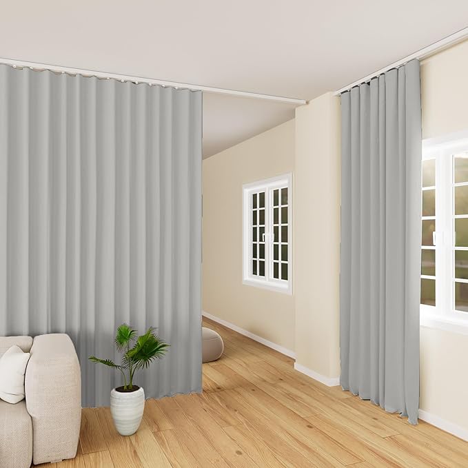 hoeflife Room Divider Curtains Blackout Floor to Ceiling Curtain with Hook Wall Mount Sliding Door Curtains Ceiling Mount Extra Wide Curtain Wall Divider for Room Separation(Light Grey,W180 x H84 in)