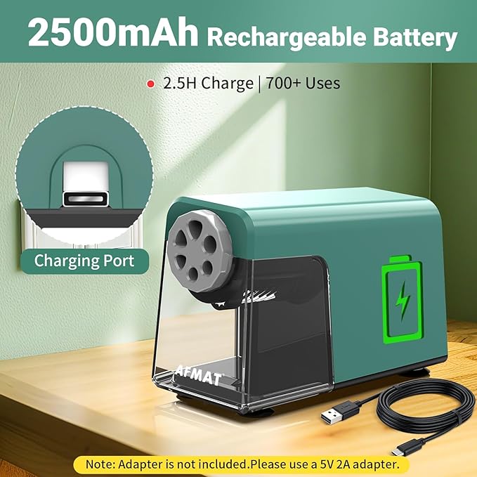 AFMAT 6-Hole Pencil Sharpener for Classroom, Cordless & Rechargeable, Heavy Duty Electric Pencil Sharpener for 6-11mm Colored Pencils, Auto Stop, Super Fast, 10,000+ Sharpenings, Battery Powered, PSD1