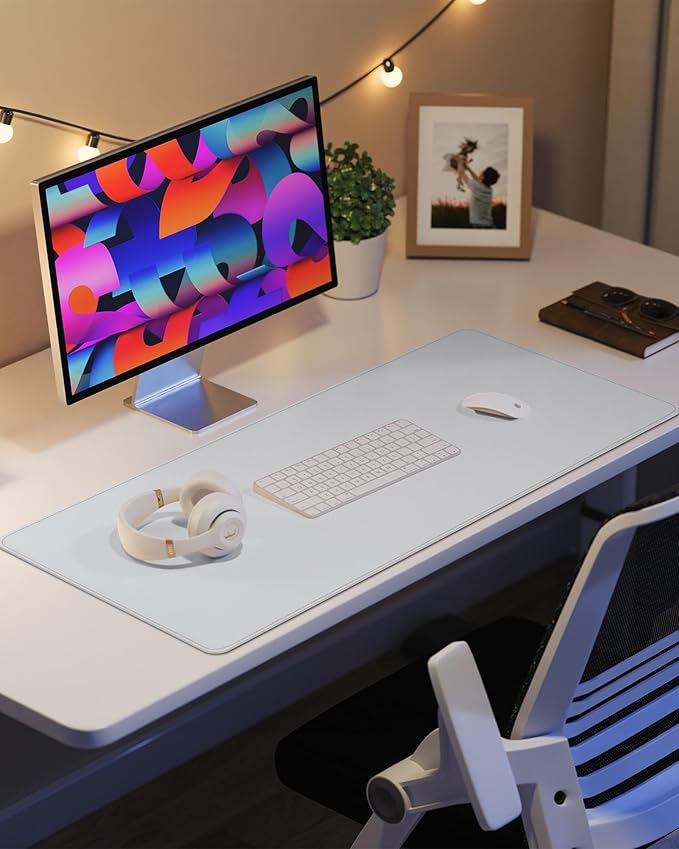 Non-Slip Desk Pad,Mouse Pad,Waterproof PVC Leather Desk Table Protector,Non-Slip PU Leather Desk Blotter, Easy Clean Laptop Desk Writing Mat for Office Work/Home/Decor(White, 24" x 13.7")