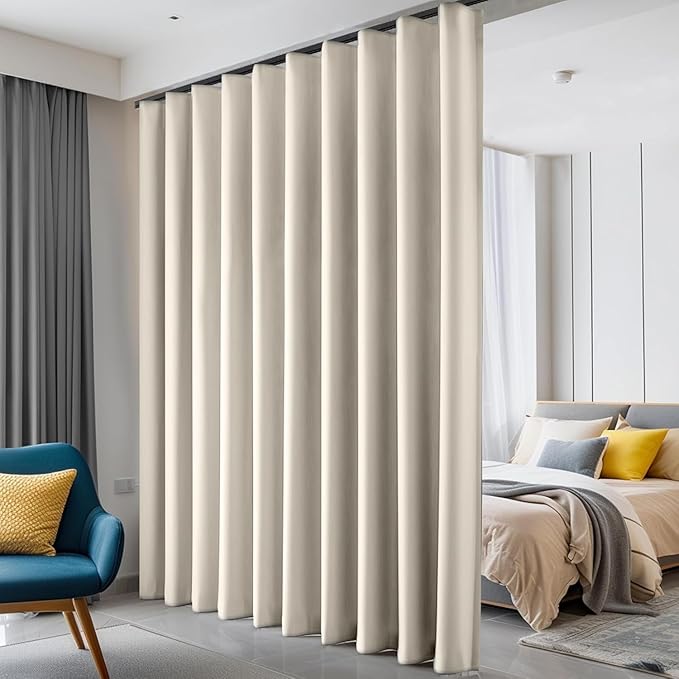 Hoeflife Room Divider Curtains Blackout Floor to Ceiling Curtain with Hook Wall Mount Sliding Door Curtains Ceiling Mount Extra Wide Curtain Wall Divider for Room Separation (Beige, W100 x H108 in)