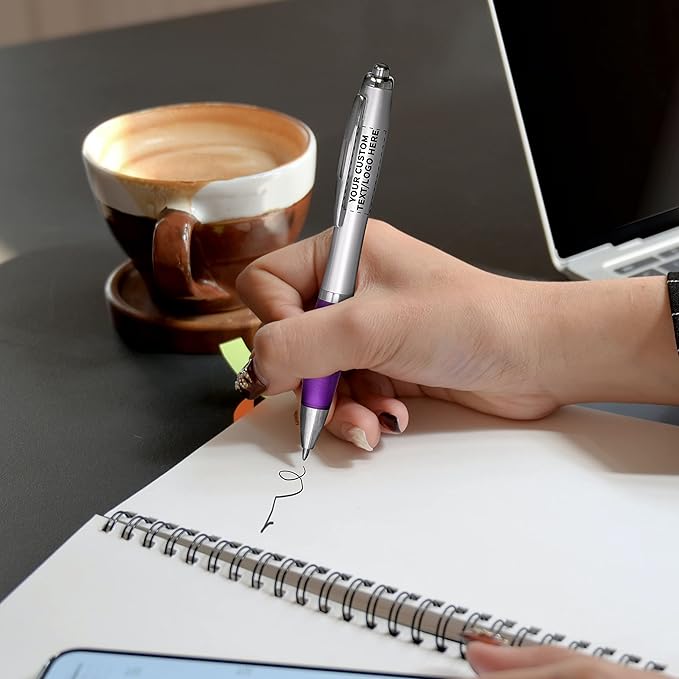 DISCOUNT PROMOS Personalized Ballpoint Pens With Rubber Grip, 10 pack Customizable Ergonomic Click-to-Write Custom Writing Pens for School with Black Ink, Purple