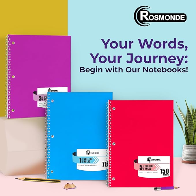 Rosmonde Bulk Spiral Notebook 24 Pack, 5 Subject, 300 Pages/Book (150 Sheets), 8 x 10-1/2, College Ruled, School & Office Spiral Notebooks, Back to School Notebook Journal, Soft Cover, Assorted Colors
