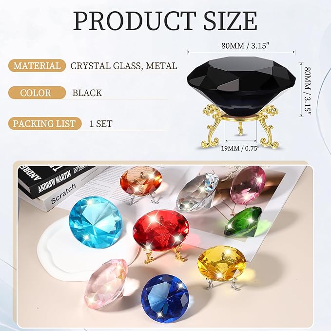 PATIKIL Diamond Crystal Paperweight, 80mm / 3.15" Crystal Paperweight Paper Weight with Gold 19 Metal Base for Home Office Desktop Table Decor Wedding Party Ornaments, Black