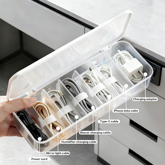 Cord Organizer Box with Lid, 7 Compartment Cable Management with 7 Wire Ties, Dustproof Cable Storage Box for Office & Home, Wire Hider for Computer Desk, Charger Cables, Power Cords (1pack)