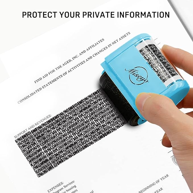 Miseyo Wide Identity Theft Protection Roller Stamp Set - Blue (3 Refill Ink Included)