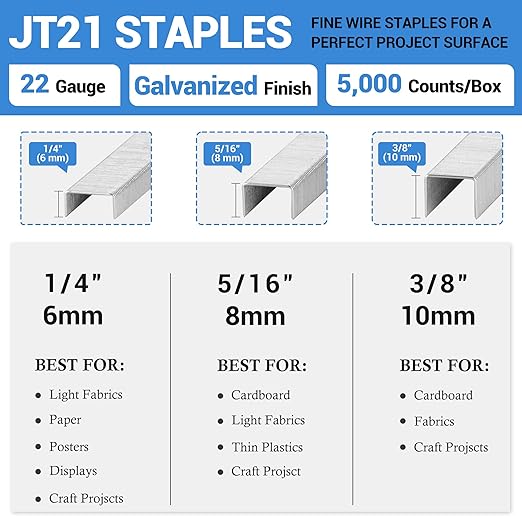 meite JT21 Staples, 5/16 Inch Galvanized Fine Wire Staples for Staple Gun - 5,000 Counts, 7/16" Crown JT21 Staple Refill, Ideal for Upholstery, Crafts, Furniture