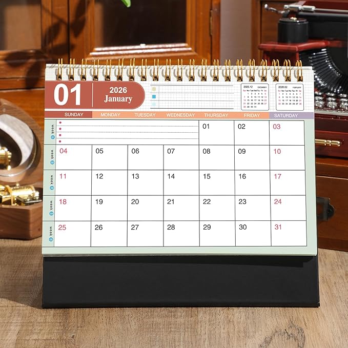 Large Desk Calendar 2026, Standing Flip Medium Desktop Calendar from Now to December 2026 - Metal Ring Twin-Wire Binding Monthly Desk Calendar for Home Office School, 9.9" × 8.7"(L-Black)