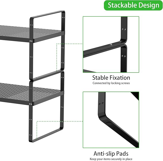 SOFRON Expandable Cabinet Storage Shelf Stackable Organizer Rack for Kitchen Bathroom Pantry Spice Cupboard Coffee Countertop Home Office Desk Heavy Duty Nonslip Black Large 2 Packs