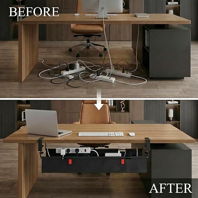AHOMO,Under Desk Cable Management,No Drill 36",cord organizer,with Silicone Pads (No Scratch!)16 Cable Ties,Washable PE Honeycomb Base,Clamp/Screw Mount-Fits Any Desk 0-2.1",No Stinky Cardboard! Black