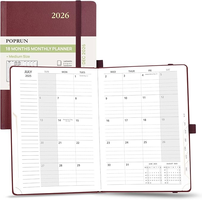 POPRUN 2025-2026 Monthly Planner (A5 8.5" X 6.25"), 18-Month Calendar Book (Jul.25 - Dec.26) with Monthly Tabs, Hardcover, Inner Pocket, 100GSM Thick Paper -Burgundy