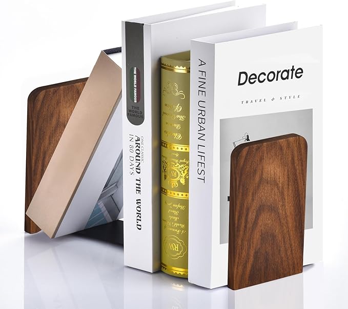 VIVTOB Book Ends, Black Walnut Wooden Bookends for Shelves - Heavy Duty Non-Slip Book Organizers, Upgraded Decorative Bookend Holders for Home, Kitchen, Office, Set of 2, Small