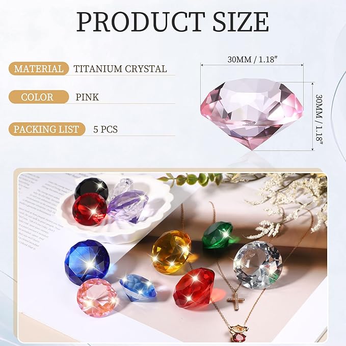 PATIKIL 5 Pcs Diamond Crystal Paperweight, 30mm / 1.18 Inch Crystal Paperweight Paper Weight for Home Office Desktop Table Decor Wedding Party Jewelry Ornaments, Pink